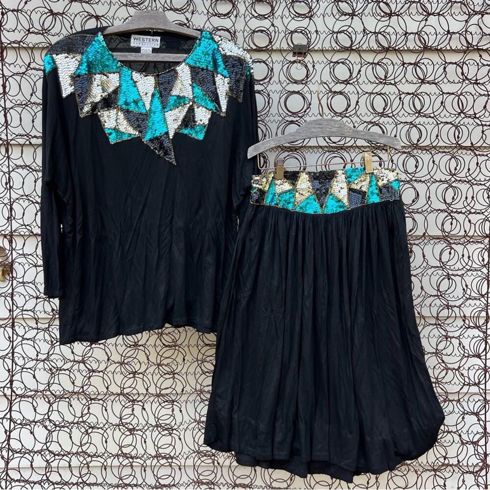 Vintage 80s Western Connection Blue Sequin Geometric Blouse Skirt Set MEDIUM
